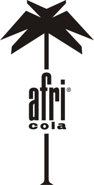 Afri-Cola logo featuring a tall palm-tree silhouette forming a vertical line with the words “afri cola” stacked along the stem.