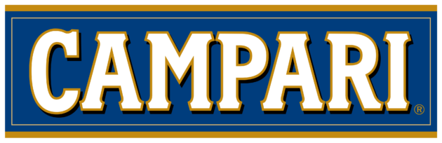 CAMPARI brand logo: bold white letters with gold shadow on a blue field with gold borders.