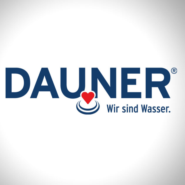 Brand logo: DAUNER in blue letters with a red heart above blue water rings and the slogan 'Wir sind Wasser.'