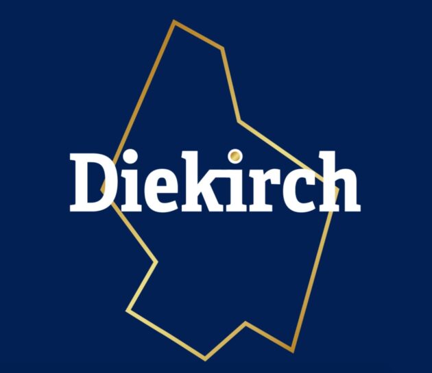 Diekirch logo: white bold wordmark over a gold angular frame on a dark blue background