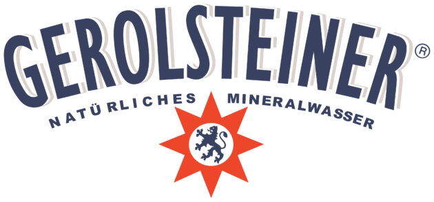 Gerolsteiner natural mineral water logo with bold blue lettering and an orange star emblem.