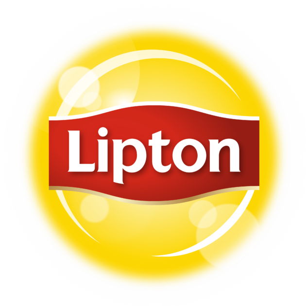Lipton logo: red banner with white 'Lipton' text on a yellow circular background.