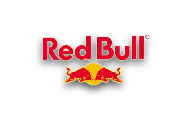 Red Bull logo: bold red wordmark with two red bulls flank a yellow circle below the text