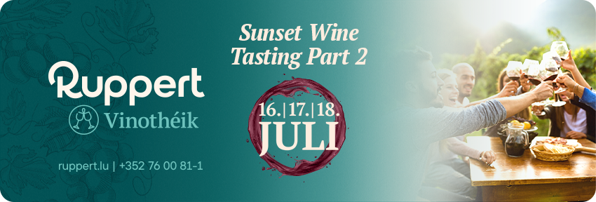 Banner for Ruppert Vinothèque: Sunset Wine Tasting Part 2 with logo, dates 16-18 July, group toasting at a table on the right.