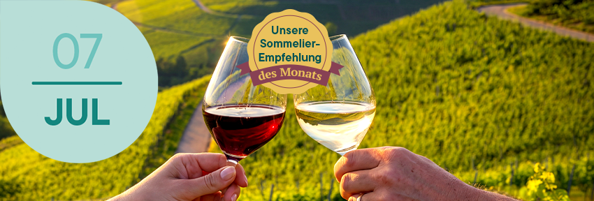 Zwei Weingläser klirren über einer Weinbergslandschaft; Juli-Datumsticker und Badge 'Unsere Sommelier-Empfehlung des Monats' sichtbar.